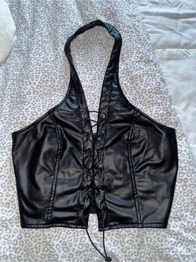 Black Faux Leather Halter Lace-Up Crop Top